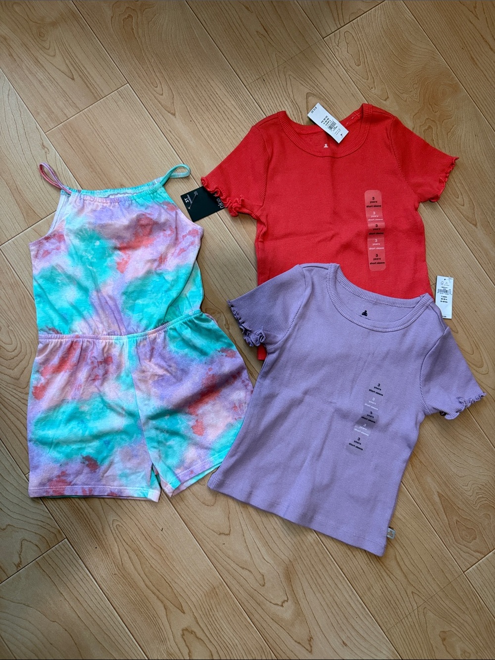 Gap Kids Ruffle Tee Coral, Lavender & Okie Doke Tie-Dye Romper Size 3T NWT